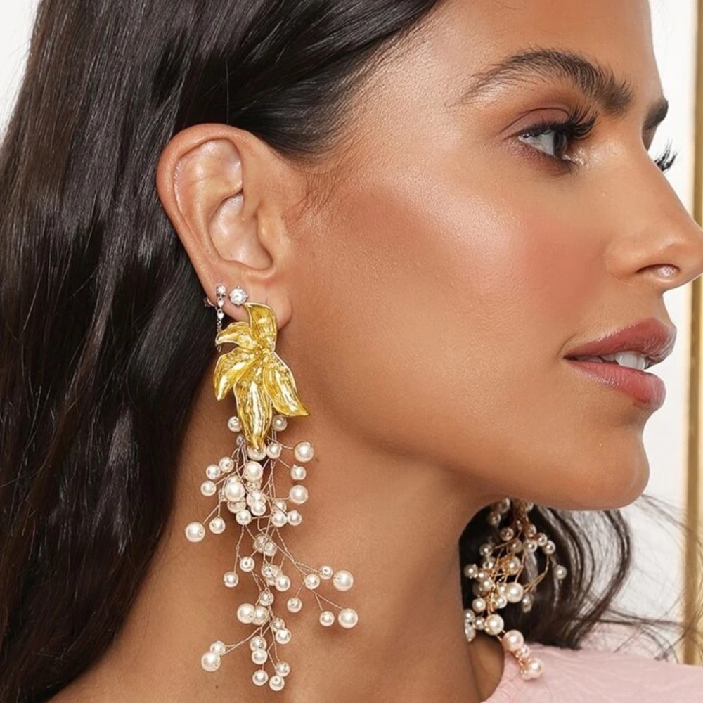 Gold Leaf with Long Pearl Branches Earrings